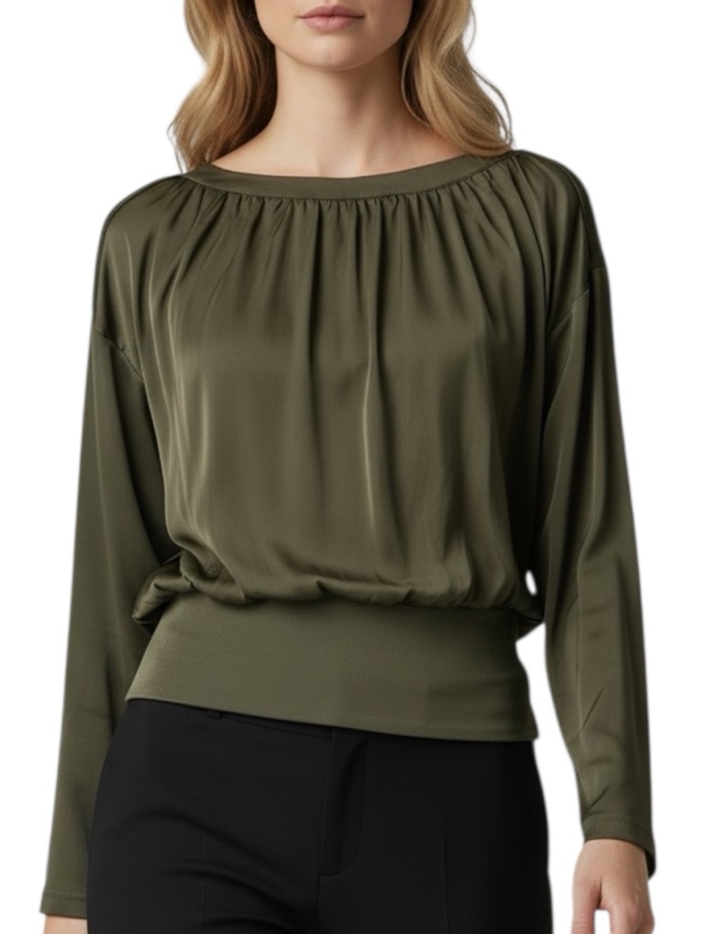 NWT WHITE HOUSE BLACK MARKET Olive Green Knit Satin Long Sleeve Top Size Medium